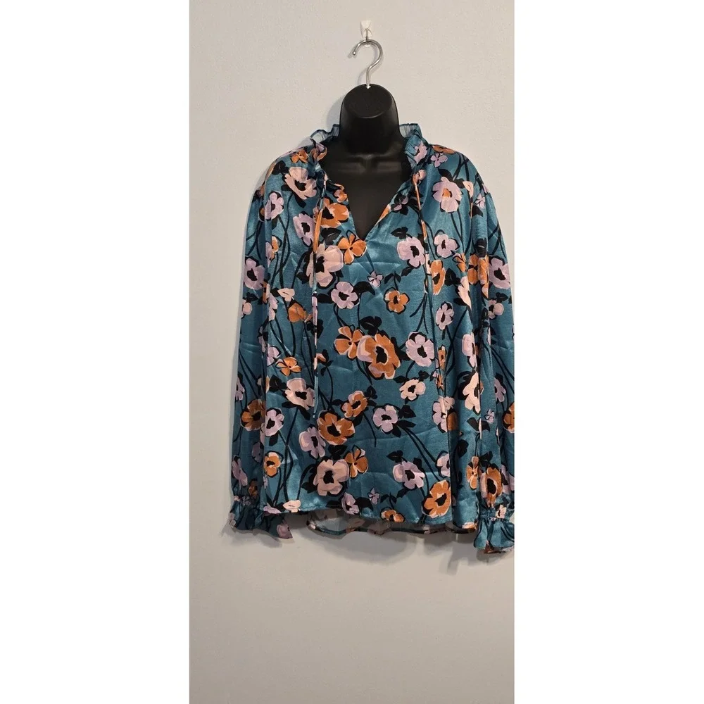 NWT FATE Women's Floral Long Sleeve Peasant Blouse Blue Orange‎ White Size 3XL